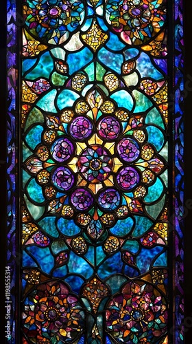 A stunning stained glass window displaying vibrant colors and intricate details.  The artistry is captivating.