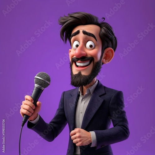 Cartoon Man with Microphone, Purple Background.  Smiling, Happy, 3D Render