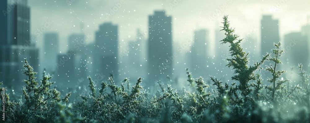 Dust pollution concept. A lush foreground of greenery set against a misty urban skyline in gentle rain. Dust pollution concept. A lush foreground of greenery set against a misty urban skyline in gentle rain.