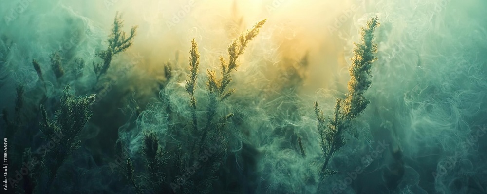 Obraz premium Dust pollution concept. A serene underwater scene showcasing vibrant aquatic plants in soft, mystical light.