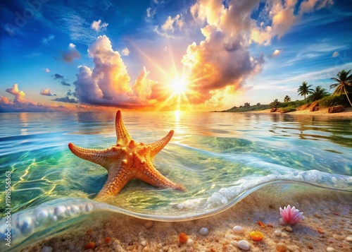 Double Exposure: Starfish & Seashell Summer Beach Scene