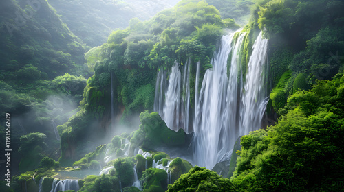 Majestic Waterfall Amidst Vast Green Forest: A Vision of Natural Splendor