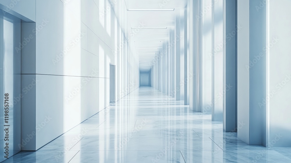Obraz premium Bright, modern hallway with white walls, marble floor, and sunlight streaming through windows.
