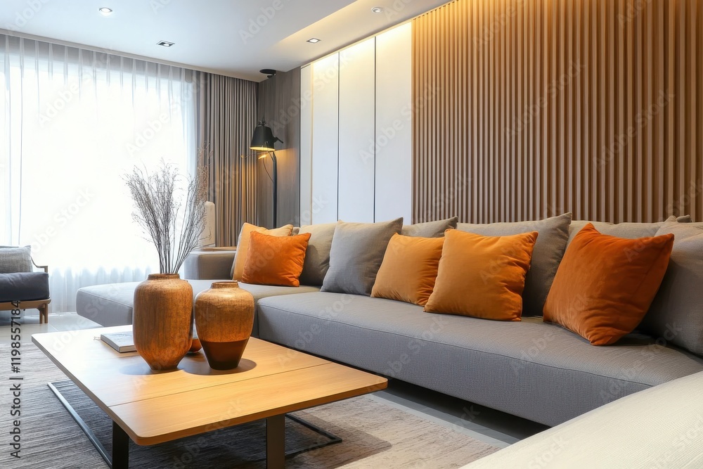 Modern living room minimalistic design gray sofa with orange and brown cushions light wooden coffee table decorative vases