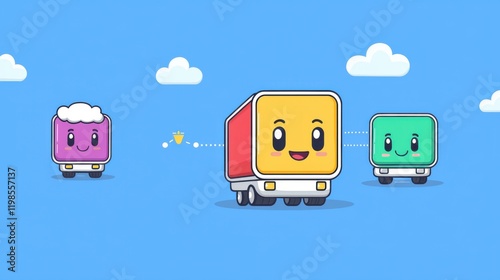 Playful animated trucks delivering colorful cubes digital art scene cheerful environment vibrant viewpoint fun concept