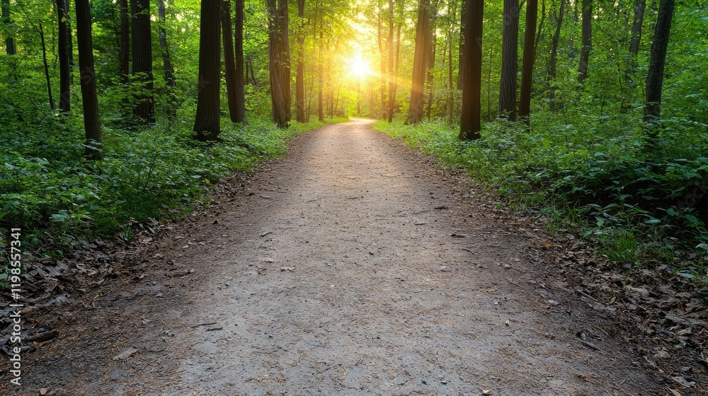 Fototapeta premium Sunlit forest path, summer evening walk, nature trail, tranquility