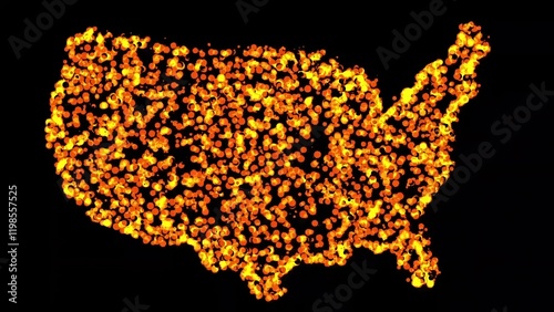 Beautiful illustration of USA map with fire particles on plain black background