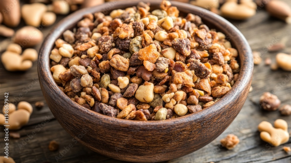 Close-up of a wooden bowl filled with crunchy granola Close-up of a wooden bowl filled with crunchy granola