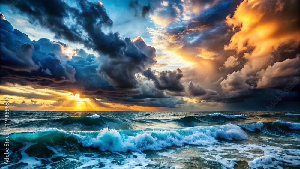 Fototapeta premium Dramatic Stormy Sky Over Ocean, Coastal Landscape, Dark Clouds, Seascape, Nature Photography