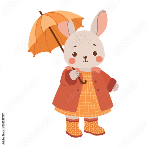 Mouse in coat and wellies with umbrella. Cute spring forest woods woodland character. Vector illustration isolated on transparent background.