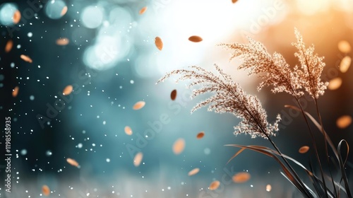 Dust pollution concept. A serene scene of grass swaying amid falling leaves and soft bokeh lights.