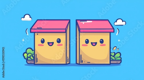 Cheerful cartoon boxes smiling together vibrant blue background digital art playful environment front view whimsical concept