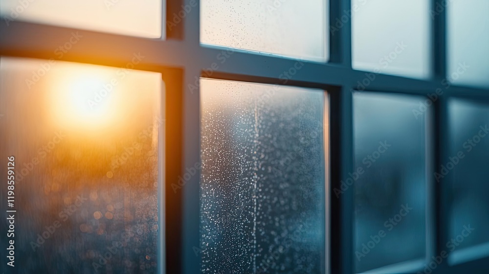 Fototapeta premium Dust pollution concept. A close-up of a foggy window pane with the warm glow of sunlight in the background.