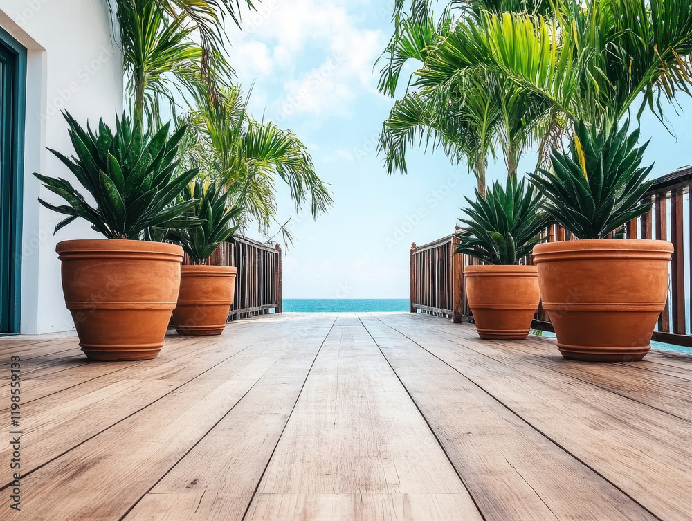 Exotic spa scene with stone pathways, tropical plants, and ocean view. serene atmosphere created by lush greenery and wooden deck enhances relaxation Exotic spa scene with stone pathways, tropical plants, and ocean view. serene atmosphere created by lush greenery and wooden deck enhances relaxation