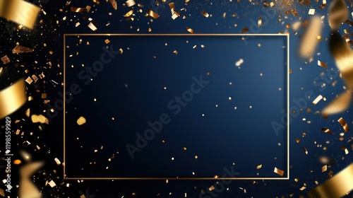 Dark blue background with gold confetti and a golden frame, ideal for celebratory designs. photo