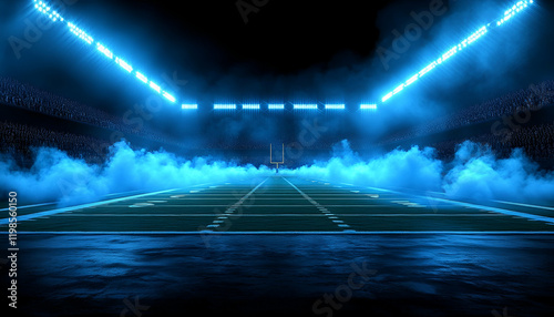 Night stadium, football field, blue smoke, lights, game