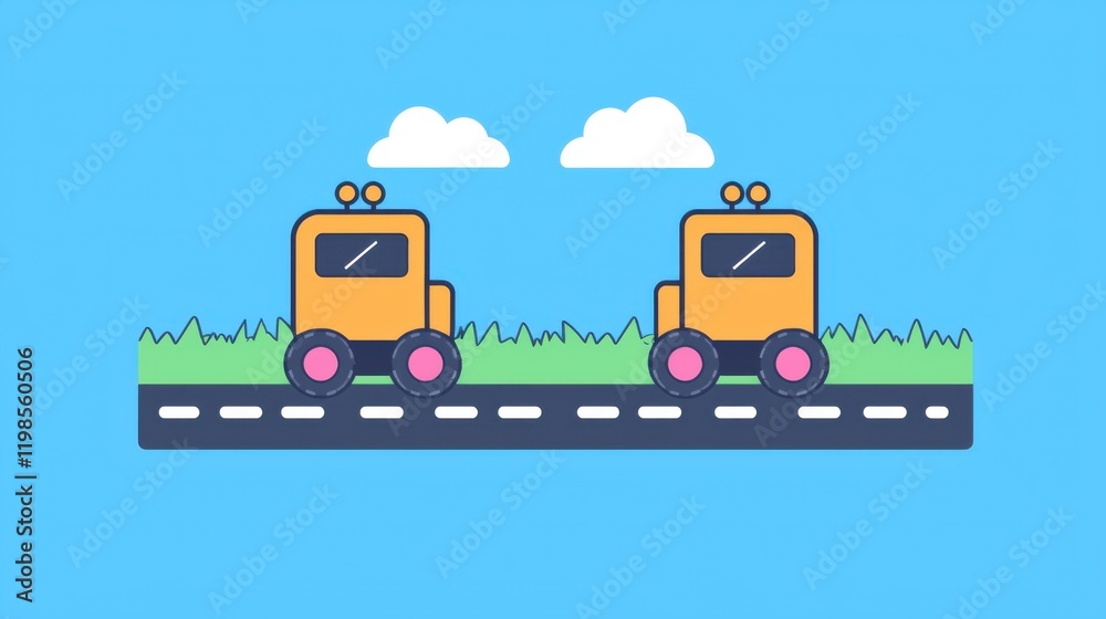 Naklejka premium Cute construction trucks driving on a road playful animation bright sky digital art children’s learning concept