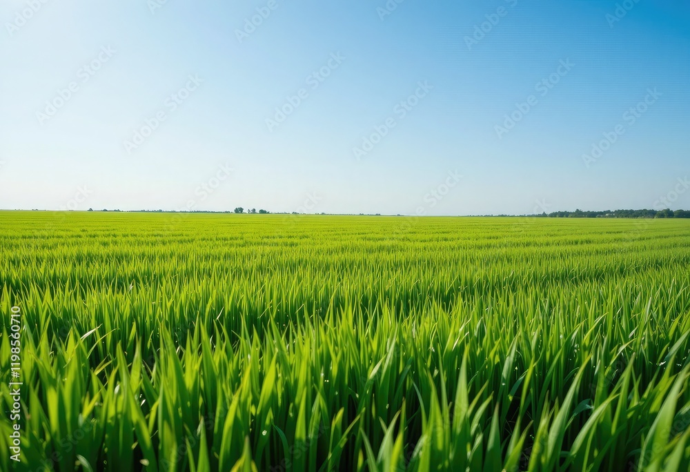 Expansive field of vibrant green wheat under a clear blue sky. Expansive field of vibrant green wheat under a clear blue sky.