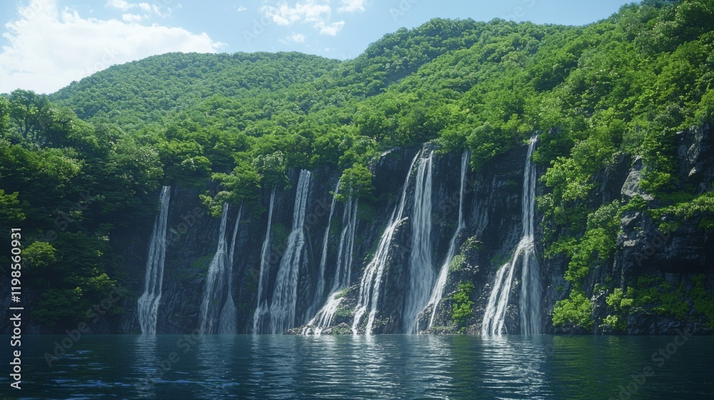 Fototapeta premium Serene Multiple Waterfalls Cascading into a Tranquil Lake Surrounded by Lush Green Foliage