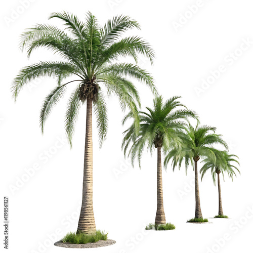 Palm Trees PNG, Collection of Palm Trees, Plants of tropical forest realistic set of coconut palm trees with green leaves isolated
