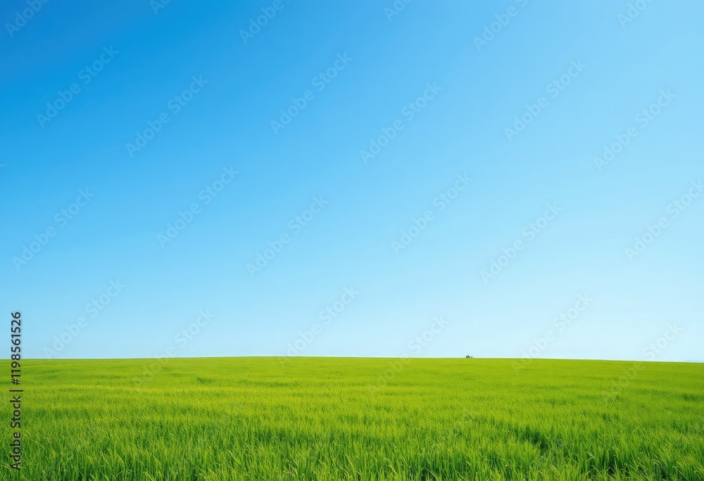 Expansive field of vibrant green wheat under a clear blue sky. Expansive field of vibrant green wheat under a clear blue sky.