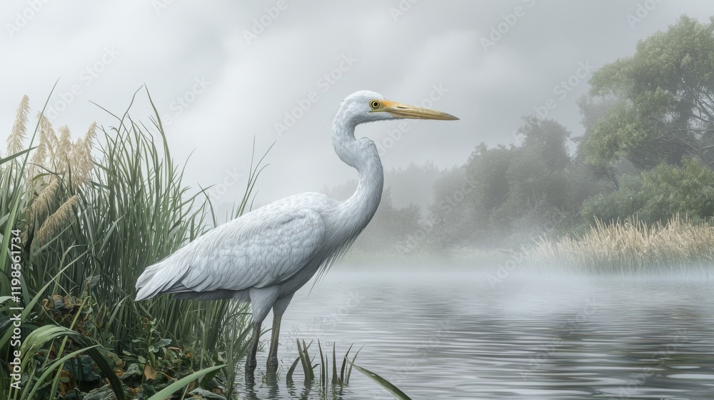 Majestic White Heron in Misty Lake Serene Nature Scene Wildlife Photography Majestic White Heron in Misty Lake Serene Nature Scene Wildlife Photography