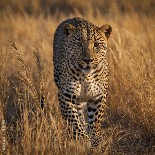 A leopard pangon with spotted scales, stalking through golden savanna grass. photo