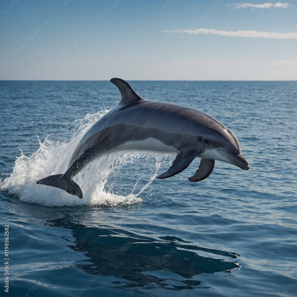 Fototapeta premium A dolphin pangon with smooth, aquatic patterns, leaping out of a sparkling ocean.