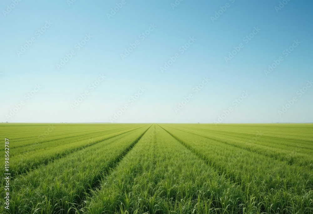 Expansive field of vibrant green wheat under a clear blue sky. Expansive field of vibrant green wheat under a clear blue sky.