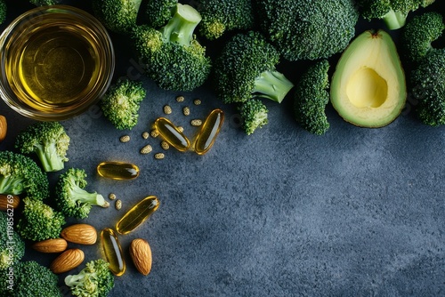 Healthy food broccoli, avocado, almonds, oil, and omega-3 capsules. photo