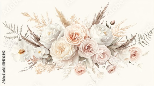 Fototapeta Naklejka Na Ścianę i Meble -  Elegant blush pink and white rose bouquet with pampas grass and greenery.