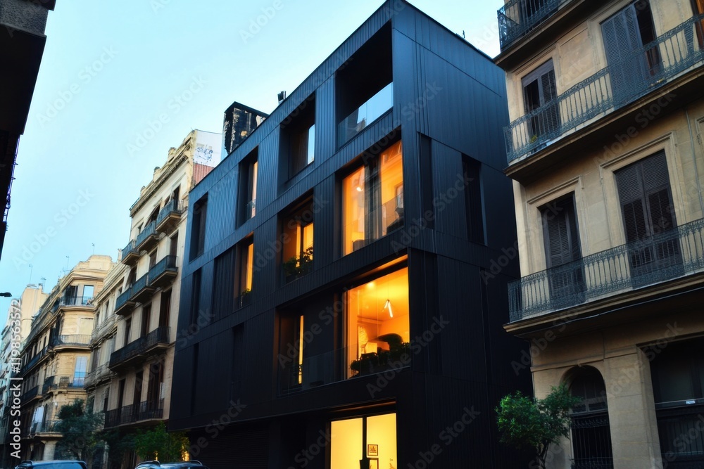 Fototapeta premium An elegantly designed modern black building stands in stark contrast to the historic structures surrounding it, beautifully illuminated by the soft evening light in this urban landscape