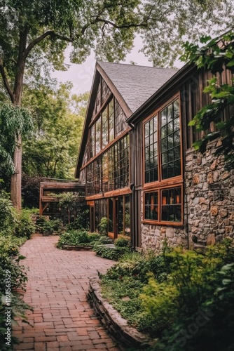 Charming stone and wood house surrounded by lush greenery and a winding brick pathway in a quiet wooded area during the day