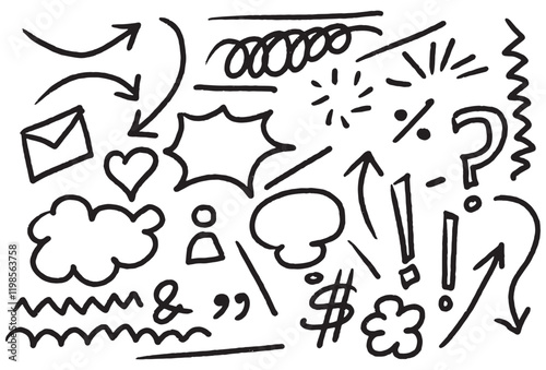 Chalk scribble doodle arrow, line elements set. Crayon arrow, underline, handwritten mark check. Rough hand drawn marker sketch with brush grunge texture. Vector illustration of kids pencil drawing.