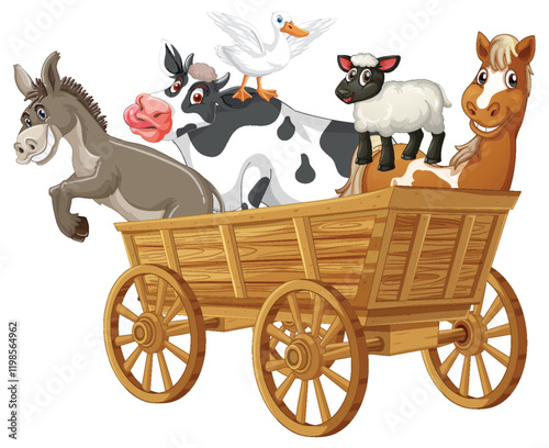 Farm Animals on Wooden Cart