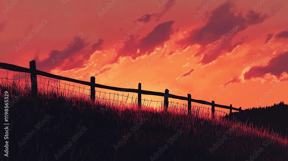 Vibrant sunset over a grassy hill with a wooden fence. Vibrant sunset over a grassy hill with a wooden fence.