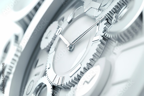 Clock mechanism shows gears and hands in close detail illustration