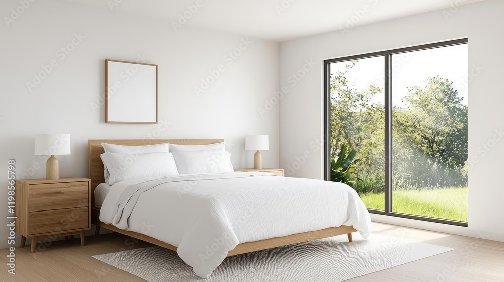 Fototapeta premium Bedroom interior idea. Modern bedroom interior with large window overlooking nature, minimalist design.