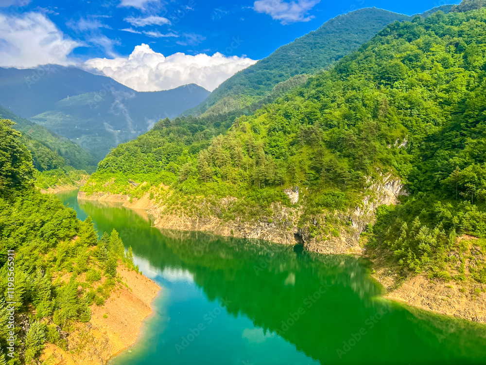 Valvestino lake from Recchi bridge on summer day, Italy Valvestino lake from Recchi bridge on summer day, Italy