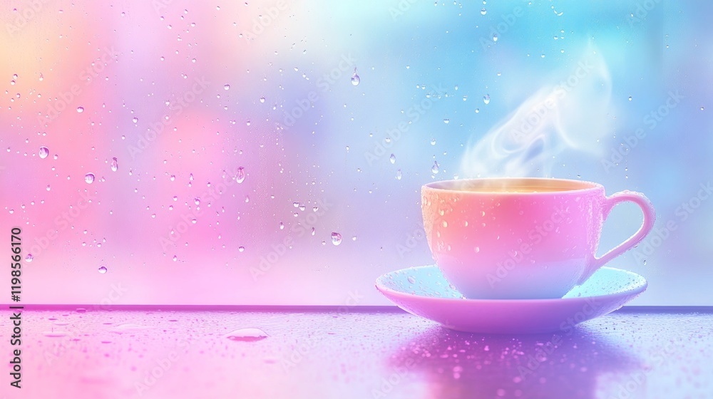 Fototapeta premium Warm coffee cup on rainy windowsill with pastel light.