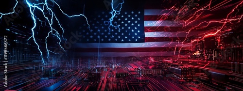 American flag with digital lightning strikes.