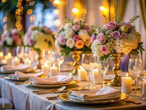Elegant Wedding Reception Table Setting: White Linen, Gold Cutlery, Floral Centerpiece