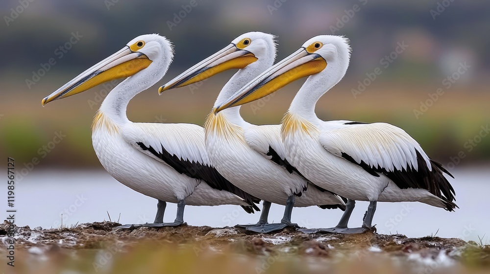 Three pelicans standing together by water, coastal background. Wildlife photography for nature documentaries Three pelicans standing together by water, coastal background. Wildlife photography for nature documentaries