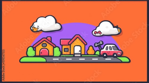Colorful cartoon neighborhood scene digital art vibrant environment playful viewpoint creative concept