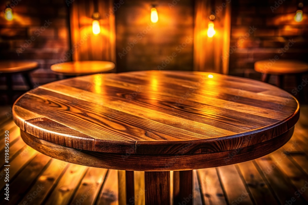 Obraz premium Elegant Wooden Round Table in Low Light - Rustic Interior Design Stock Photo