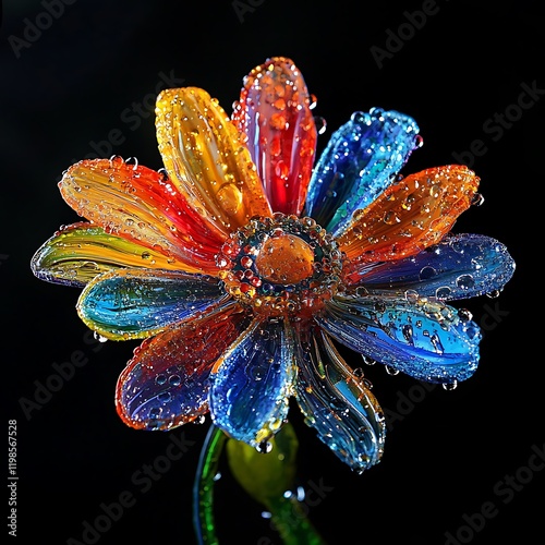 Beautiful glass sine colorful flower with water drops on black background, close up photo