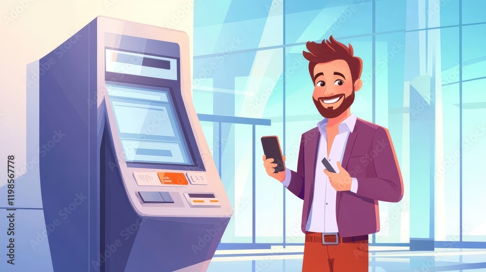 Businessman using mobile banking app at ATM in modern office Businessman using mobile banking app at ATM in modern office