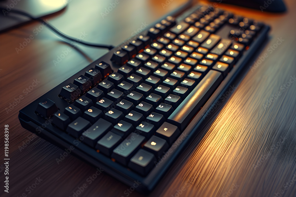 Sleek and Ergonomic LX Keyboard on a Wooden Desk Showcasing a Modern Working Environment Sleek and Ergonomic LX Keyboard on a Wooden Desk Showcasing a Modern Working Environment