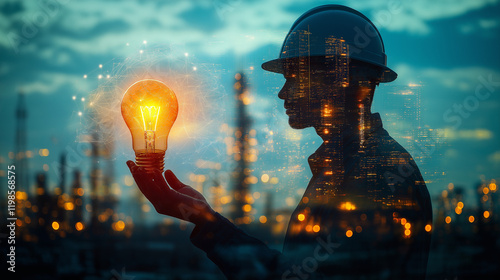 engineer builder in helmet with light bulb in futuristic fusion with energy lines . Generative AI