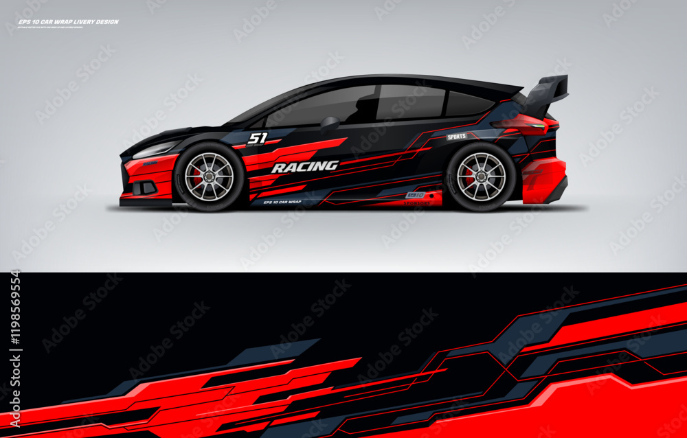 Obraz premium Sporty Racing Car wrap black and red livery design